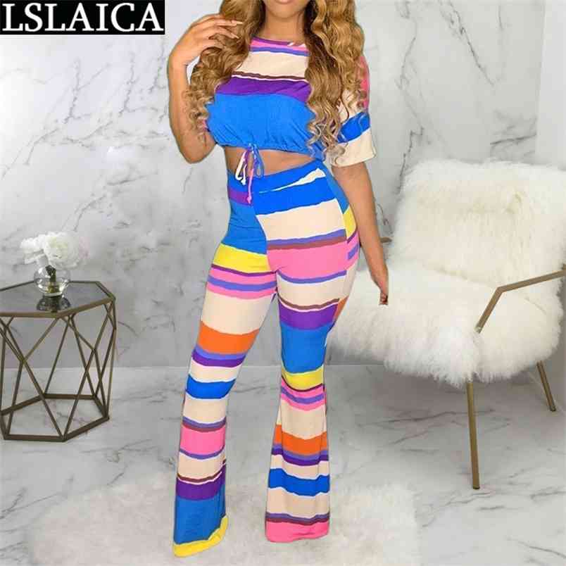 Two Piece Set Fashion Striped Printing Peice for Women Casual Drawstring Elastic Waist Pullover Tute Sportive Donna 210515