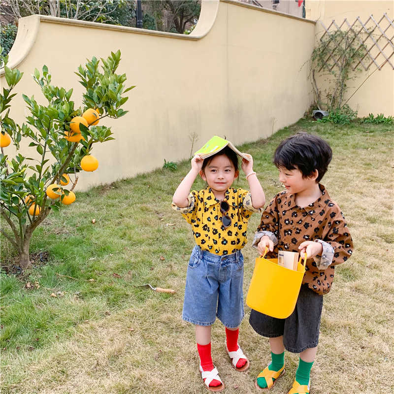 Spring Korean style unisex leopard shirts 2-7 years kids children fashion cotton casual long-sleeved Tops 210713