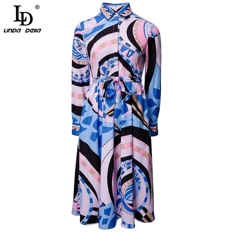 Abito Estivo Di Fashion Runway Women Manica Lunga Splendida Stampato Astratto Con Cintura BohéMien Holiday Midi 210522-image