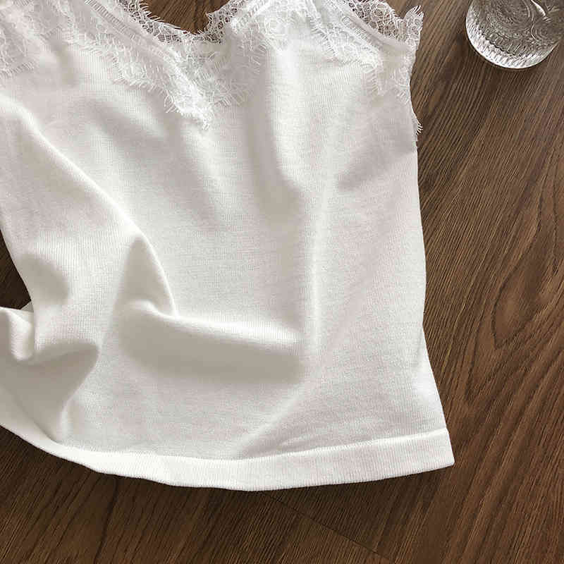 Lace lace suspender women's sexy eyelash side open back floral vest bottomless top elastic ice silk knitting 210515