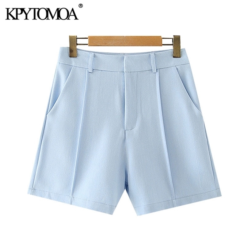 KPYTOMOA Women Chic Fashion Office Wear Side Pockets Straight Shorts Vintage High Waist Zipper Fly Female Short Pants Mujer 210714