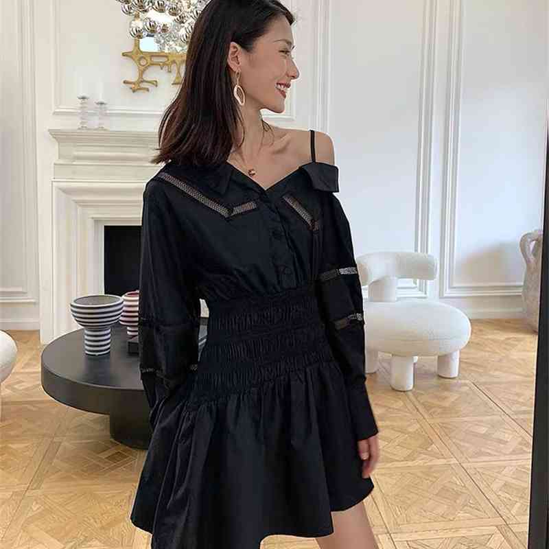 celebrity party mini dress high waist one shoulder black gothic casual long sleeve hollow out for women robe chic 210421