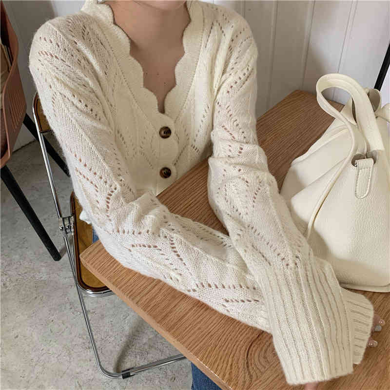 2 colors autumn korean style V neck hollow out thin knittd cardigans womens sweaters womens (R99388) 210423
