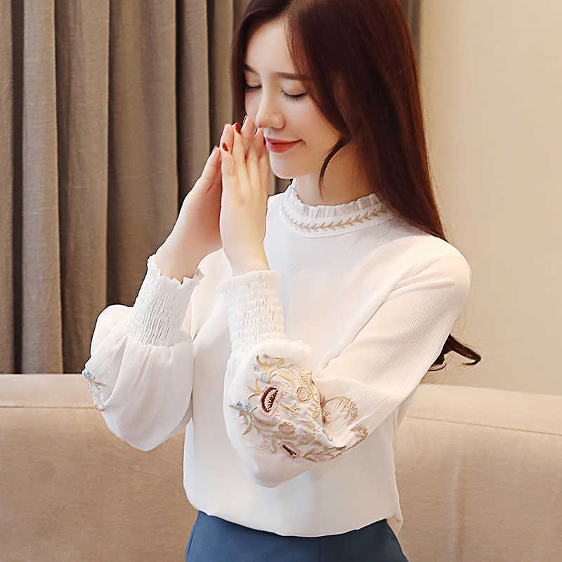 Korean Women Blouses Long Sleeve Shirts Woman Embroidered Blouse Chiffon Tops Plus Size Blusas Mujer De Moda 210531