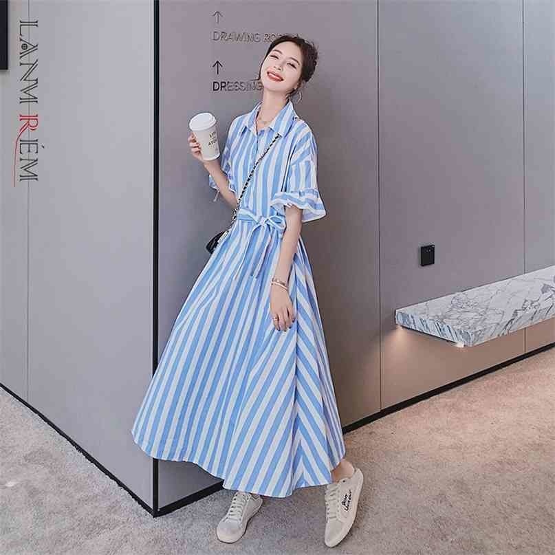 Summer Blue Striped Dress Short Sleeve Plus Size Lapel Dresses With Belt Female Fashion Streetwear 2D1677 210526
Summer Blue Striped Dress Short Sleeve Plus Size Lapel Dresses With Belt Female Fashion Streetwear 2D1677 210526