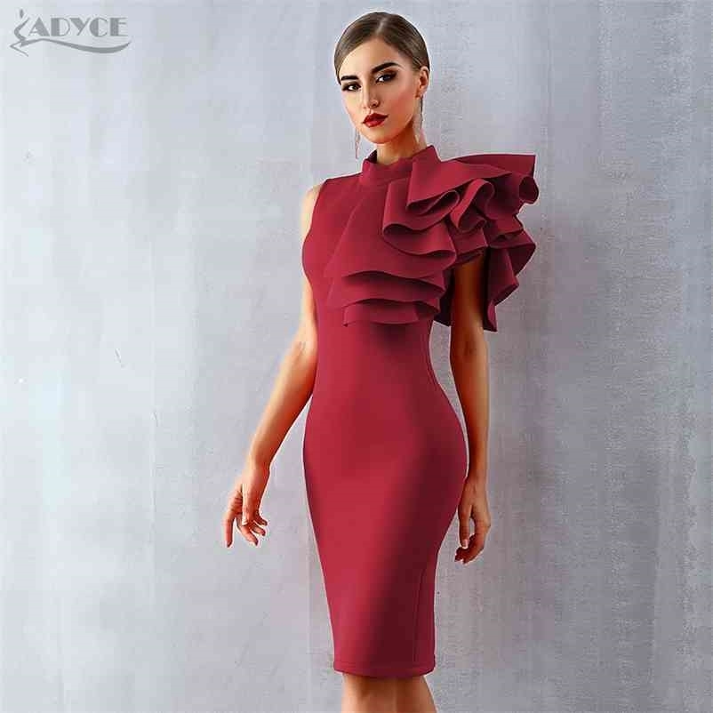 Summer Women Wine Red Celebrity Evening Runway Party Dress Sexy Sleeveless Ruffles Bodycon Midi Night Club 210423