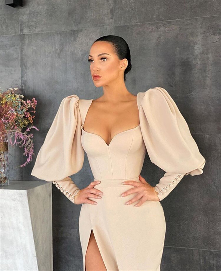 New Vintage Champagne Puff Long Sleeves Evening Dresses Side Slit Sweetheart Chiffon Satin 2021 Modern Formal Party Gown
