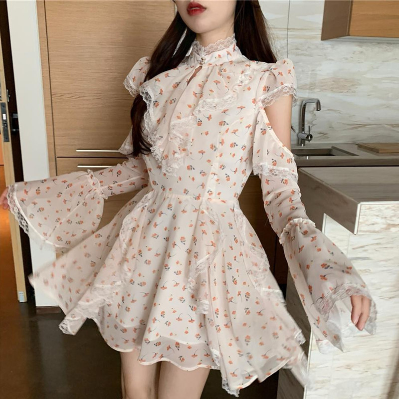 Spring Floral Dress Women Flare Sleeve Lace Chiffon Slim Flower Mini Dress Female Party Elegant Dress Korean Chic 210521