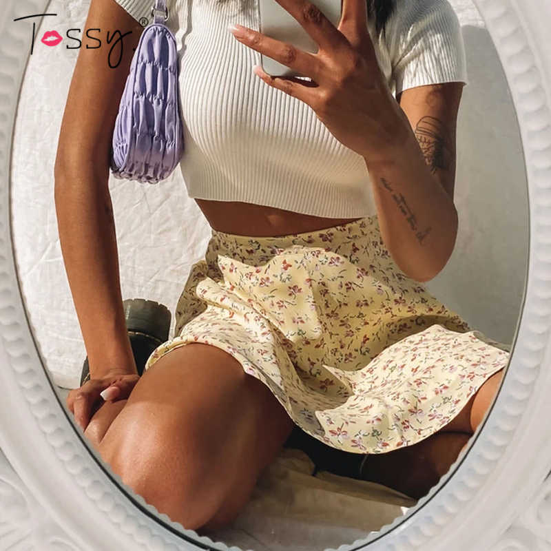 Tossy Boho Floral Print Party Skirt Summer High Waist Pleated Short Beach Sexy Frills Mini s For Women 210619