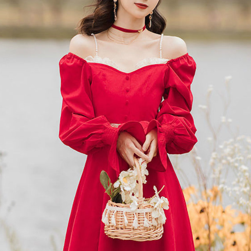 French Vintage Party Dress Women Lace Long Sleeve Square Collar Elegant Red Dress Women Fairy Dress Korean Autumn 210521