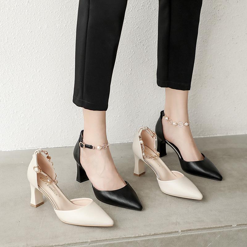 Dress Shoes Women's High Heels Pointed Toe Shallow Mouth Rubber Sole Ladies Single Breathable Lining Shockproof Non-slip, Black 7cm