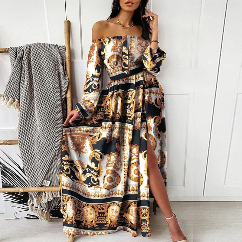 Women Dress Slash Neck Long Sleeve Print Dresses Plus Size Split Sexy Off Shoulder Flowers Fashion 210513