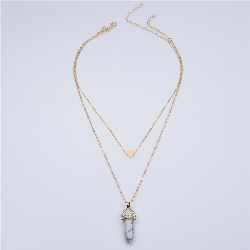 Natural Stones Heart Necklace Fashion Crystal Quartz Chakra Bullet Hexagonal Prism Point Healing Pendant Necklaces Double Layer Gold Chain for Women P