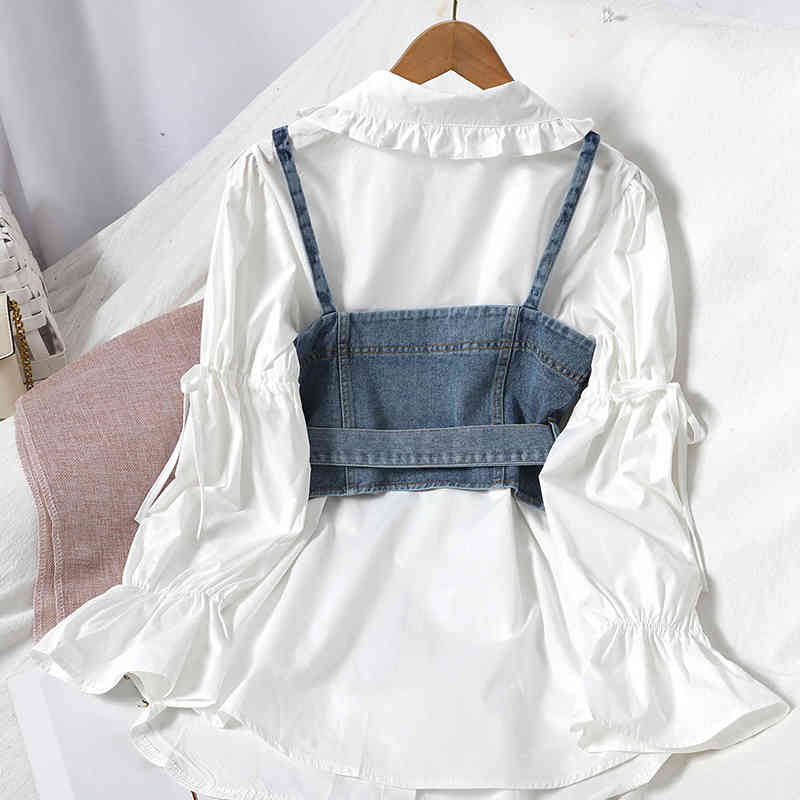 Nomikuma Spring Women 2piece Sets Lace Up Puff Sleeve Turn-down Collar Blouse + Sashes Slim Waist Sling Demin Vest 6D998 210427