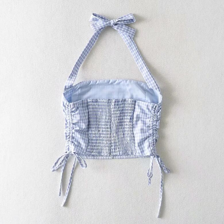 Harajuku Sexy Check Plaid Crop Tops Women Elastic Halter Slash Neck Drawstring 210429