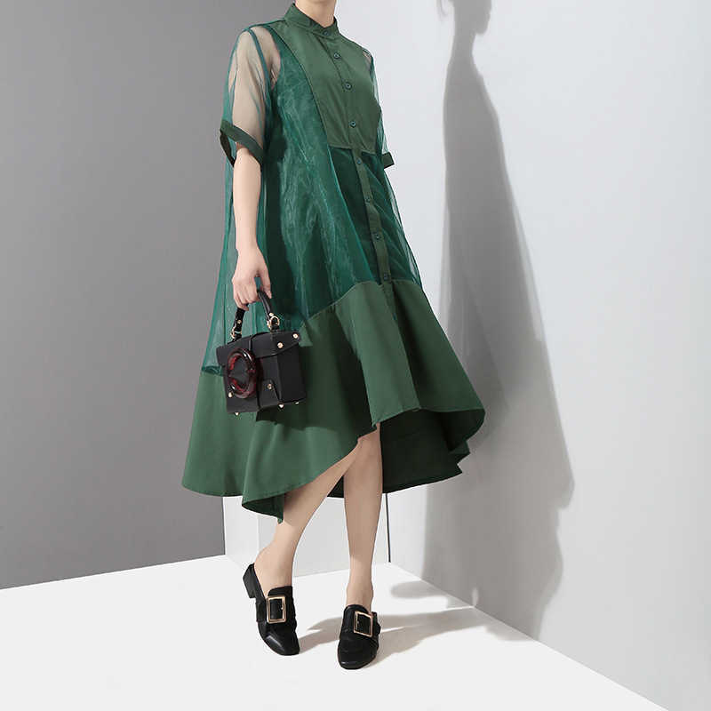 European and American Large Size Dress Summer Mesh Green Two-Piece Loose Long es 210615Z