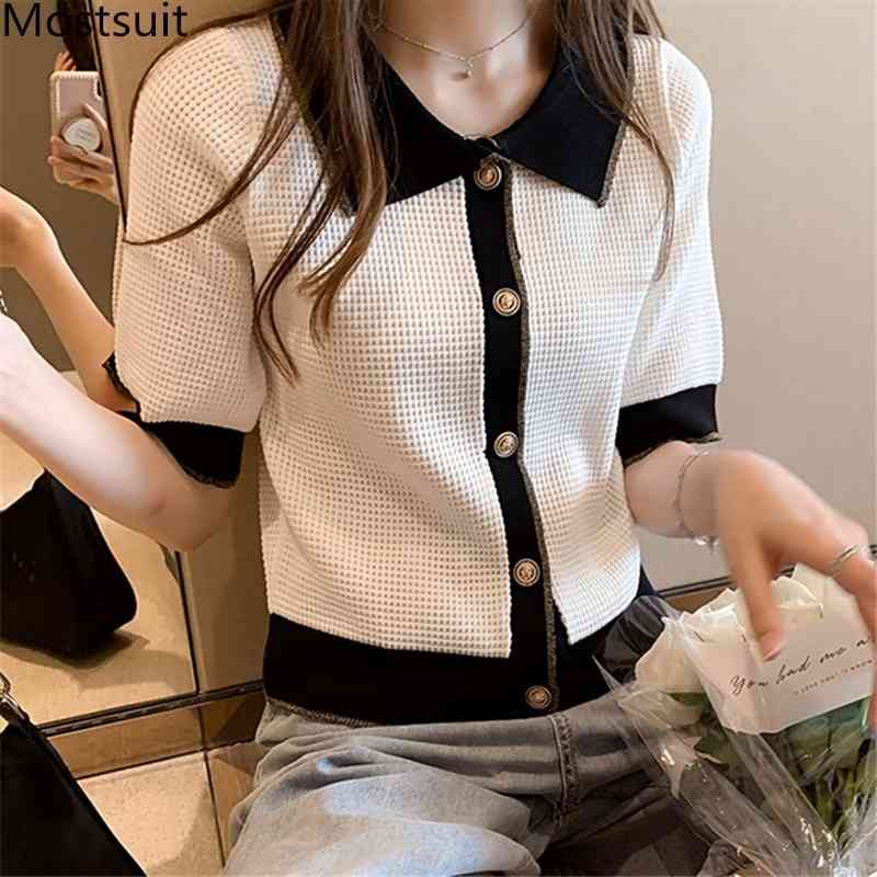 Autumn Fashion Korean Color-blocked Women Knitted Tshirts Short Sleeve Turn-down Collar Single-breasted Tees Tops T Shirts 210518, White
Autumn Fashion Korean Color-blocked Women Knitted Tshirts Short Sleeve Turn-down Collar Single-breasted Tees Tops T Shirts 210518, White