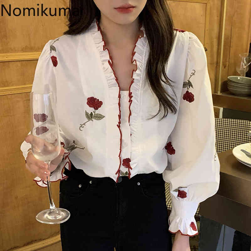 Nomikuma Floral Embroidery Korea Chic Blouse Shirt Causal V-neck Puff Sleeve Women Tops Spring New Camisas Mujer 6G448 210427