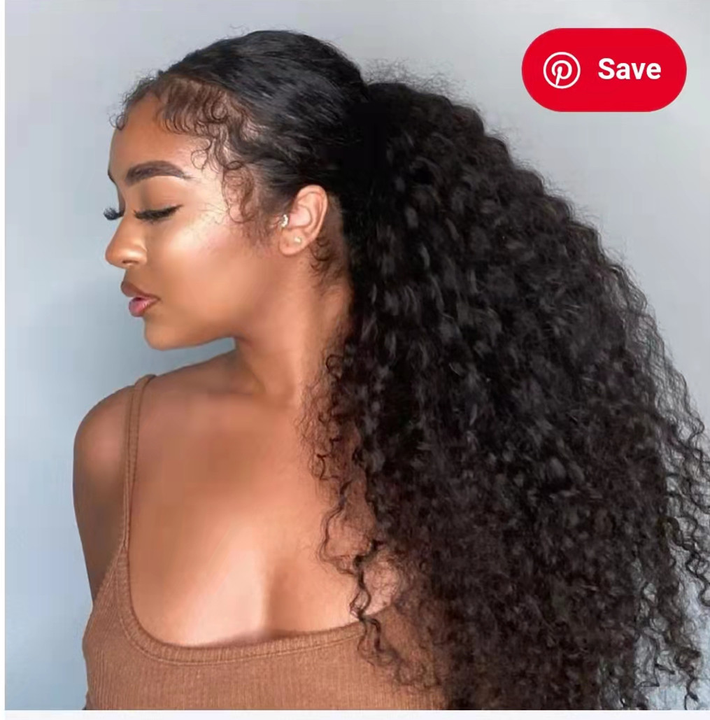 Eye catching low curly ponytail hairdo natural drawstring human hair with clips baby hair style 140g