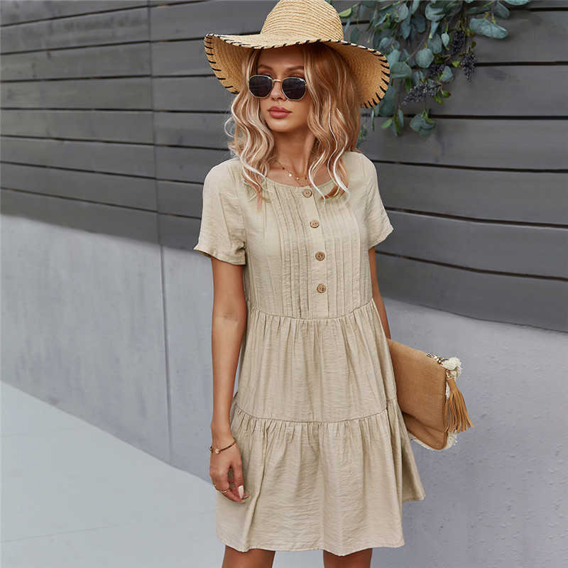 Spring Solid Short Dress Women Casual O Neck Button Summer Dress Ladies Loose Short Sleeve A Line Dresses 210630