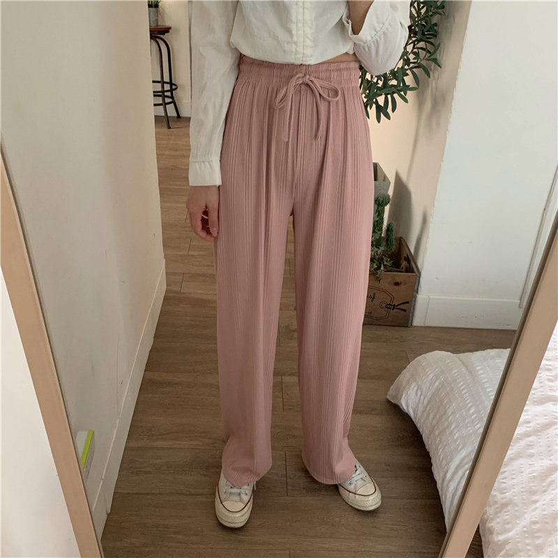 High Waist Loose Summer All Match Elastic Slender Straight Office Lady Casual Solid Wide Leg Trousers 210421