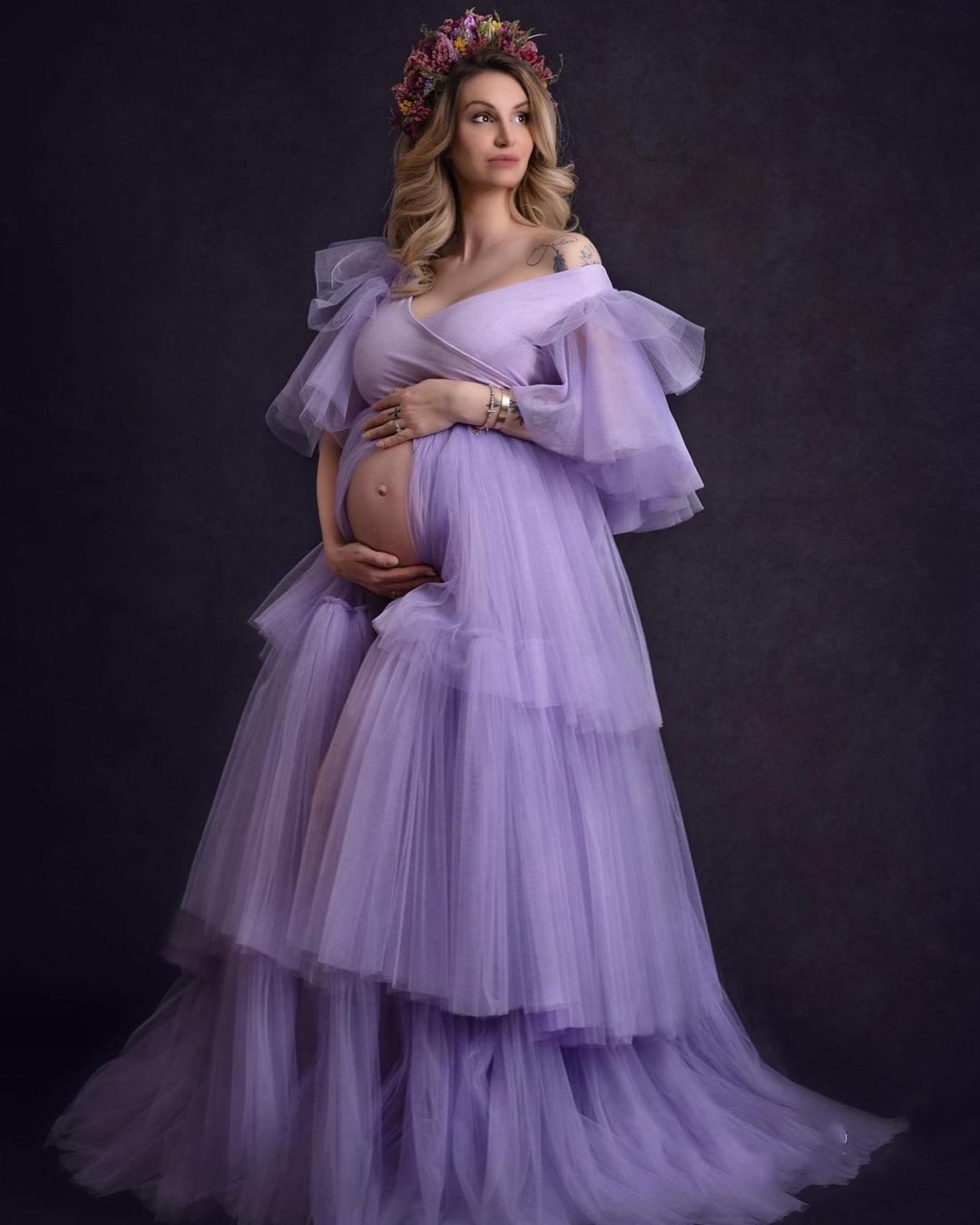 2021 peaceful Lavender Ruffle Plus Size Pregnant Ladies Sleepwear Dress V Neck Nightgowns For Photoshoot Lingerie Bathrobe Nightwear Baby Shower