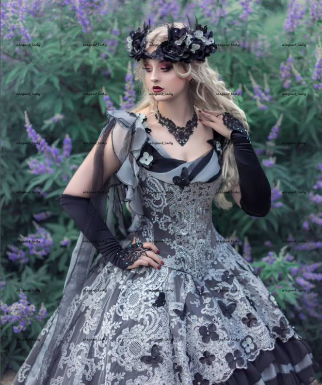 Grey Black Lace Gothic Evenig Dresses 2022 Mystic Garden Butterfly Lace-up Corset Top Renaissance Halloween Cosplay Prom Dress Plus size