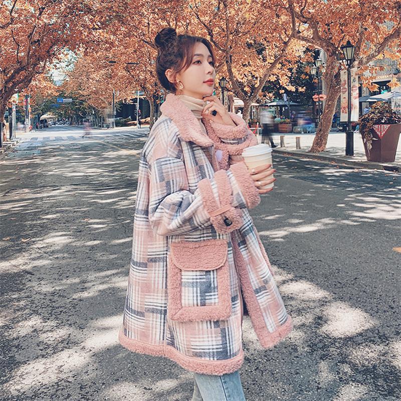 Women's Fur & Faux Winter Coat Women Casual Short Jacket Female Warm Turn-down Collar Teddy Long Sleeve Pink Plaid Outerwear Ladies Y413