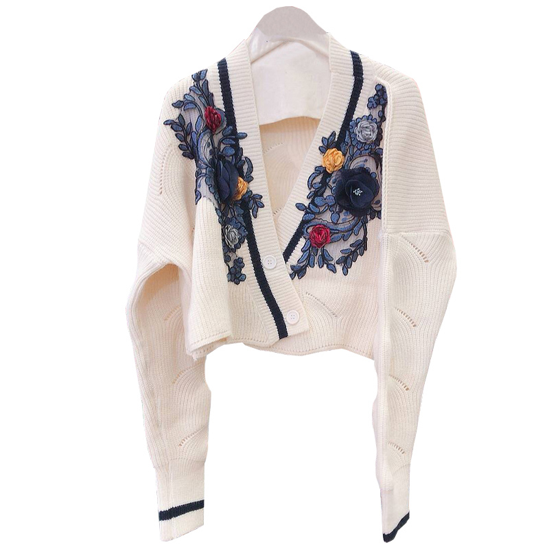 Nomikuma Autumn Korean Knit Cardigan Floral Embroidery Long Sleeve V-neck Sweater Coat Causal Short Knitwear Jacket 6D069 210427
