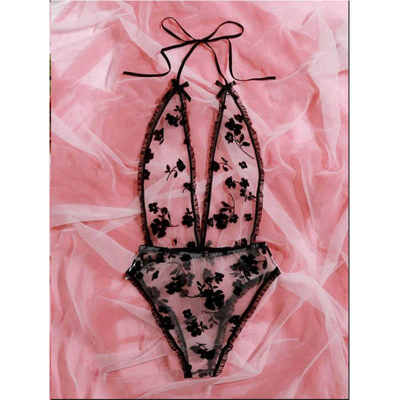 Porn Sexy Women Lace Body Suit One Piece V-neck Lingerie Erotic Teddies Bodysuit Hollow Porno Costume Intimates Underwear X0622