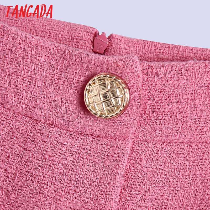 Tangada French Style Women Buttons Front Slit Pink Tweed Midi Skirt Vintage High Waist Zipper Female Skirts Mujer BE520 210621