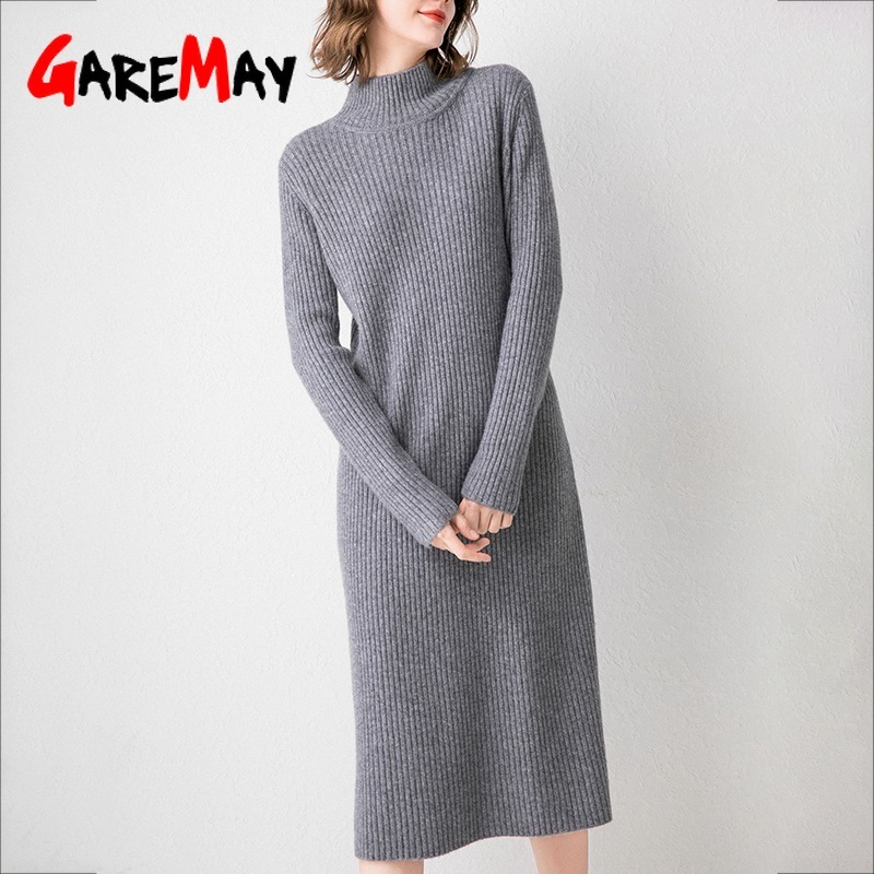 High Neck Sweater Dress Female Winter Cashmere Turtleneck Long Knitted Wool Lady Slim Bodycon Thick Fall es for Women 210428