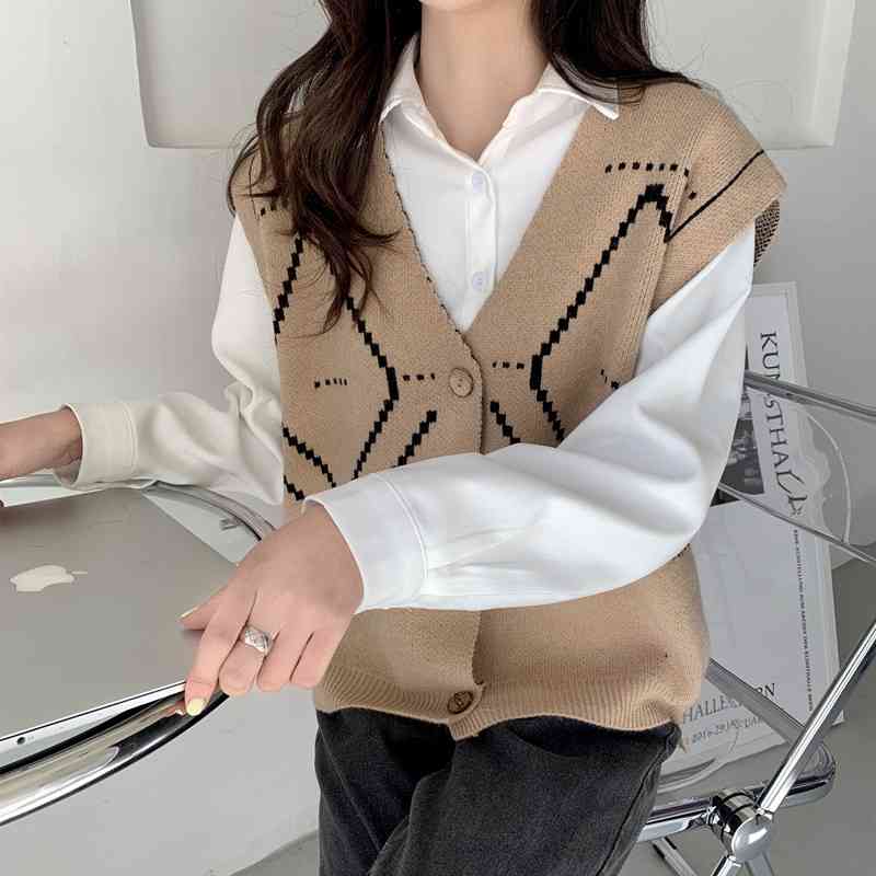 Single Breasted Plaid Knitted Carigan Vest Women Sleeveless V-neck Tops Korean Vintage Female Sweater Femme 210514