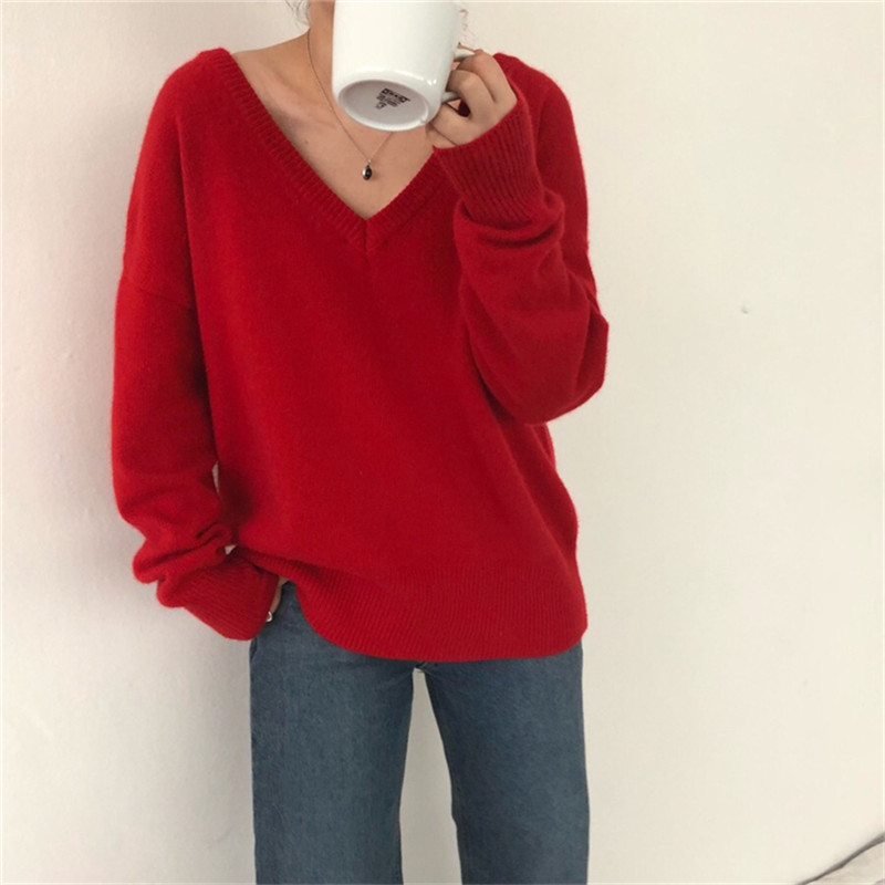 Solid V-neck Knit Sweaters Autumn Winter Off Shoulder Knitwear Tops Women OL Long Sleeve Loose Knitted Sweater 210421