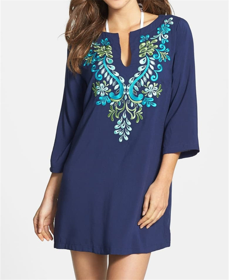 Embroidery Bikini Cover Up Tassel Swimsuit Beach Dress Women Summer Ladies Cover-Ups Bathing Suit Wear Tunic #Q611 210420