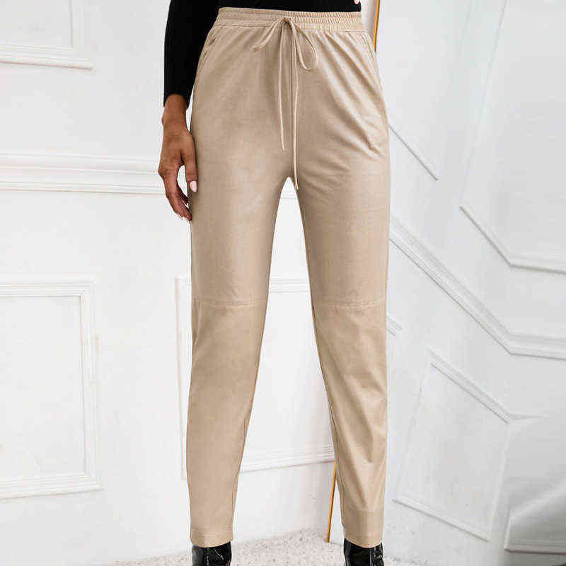 Women PU Leather Pants Fashion Street Lady Elastic Waist Pencil Autumn Drawstring Sweatpants Pockets Cool Trousers GV109 211115