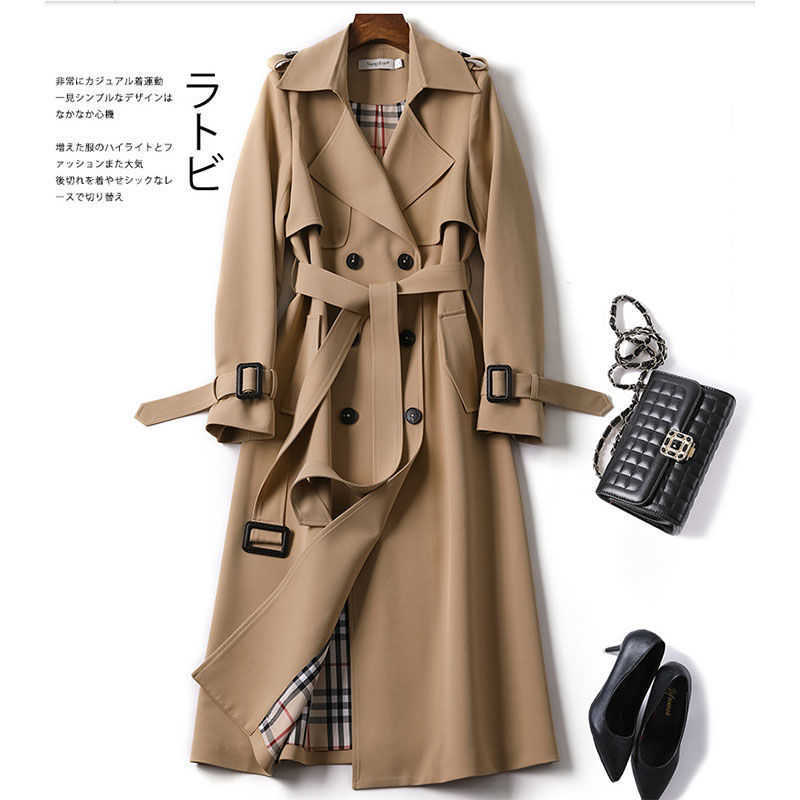 Women's Long Trench Coats Lapel Double Breasted Slim Windbreaker Korean Elegant Belted Solid Coat Ladies Autumn Outwear 210820