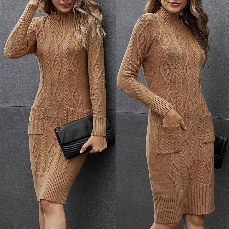 Women Long Sleeve Turtleneck Solid Color Cable Knit Slim Fit Midi Sweat Dress Casual Dresses