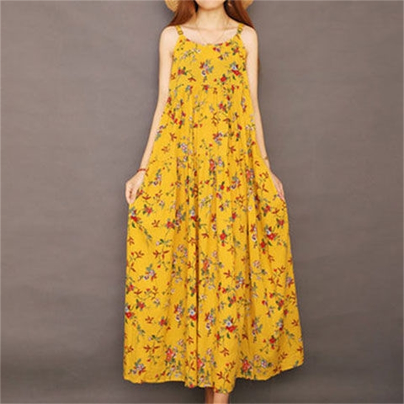 Floral Print Cotton Linen Maxi Dress Summer Casual Sling Boho Loose Big Hem Beach Dresses Women Oversized Long Robe 210522