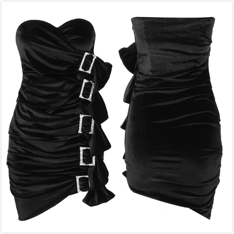 Free Women Sexy Velvet Dress Tube Top Sleeveless Diamond Button Bodycon Draped Halter Club Party Vestido 210524