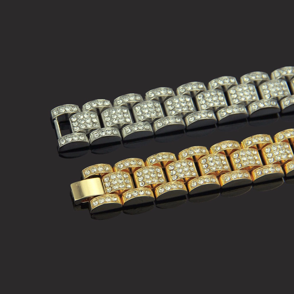 Bling Iced Out Rapper Bracelet Gold Silver Color Watch Link Chain Bracelets for Men Hip Hop Jewelry Fashion Charm Full Rhinestone Wristband Wolf Tide 