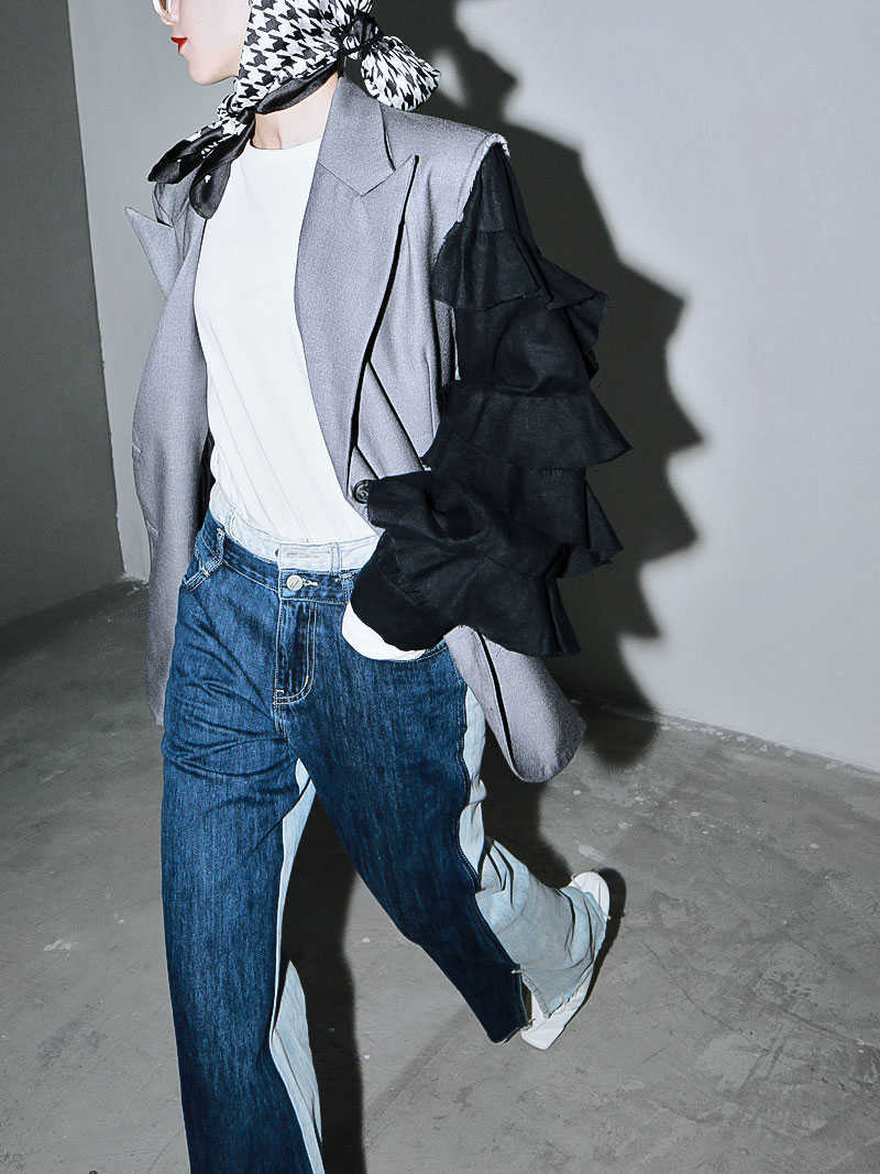 EAM Blue Contrast Color Split Joint Long Wide Leg Jeans High Waist Loose Women Trousers Fashion Spring Autumn 1T276 210922