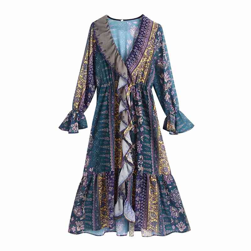 Vintage Women Cascading Ruffles Dress Fashion Ladies V-Neck Vestidos Streetwear Female Chic Print Patchwork 210430