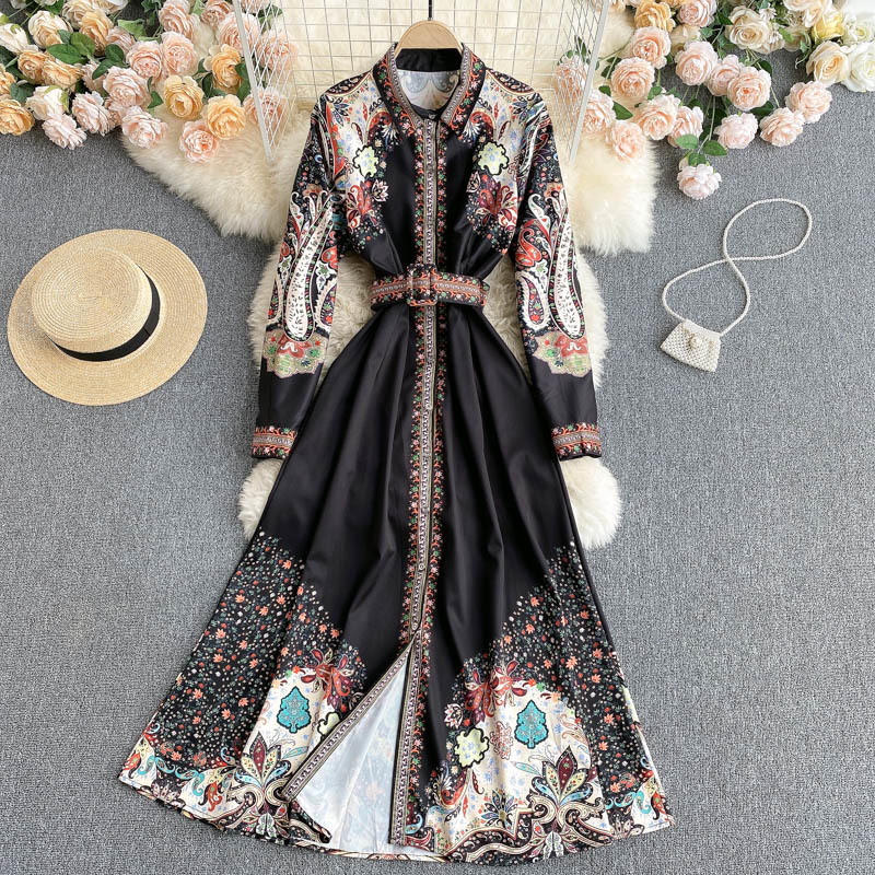 Spring Bohemian Casual A-line Dress Women Retro Print Long Dress Turndown-Collar Long Sleeve Button Sashes Dress 210521