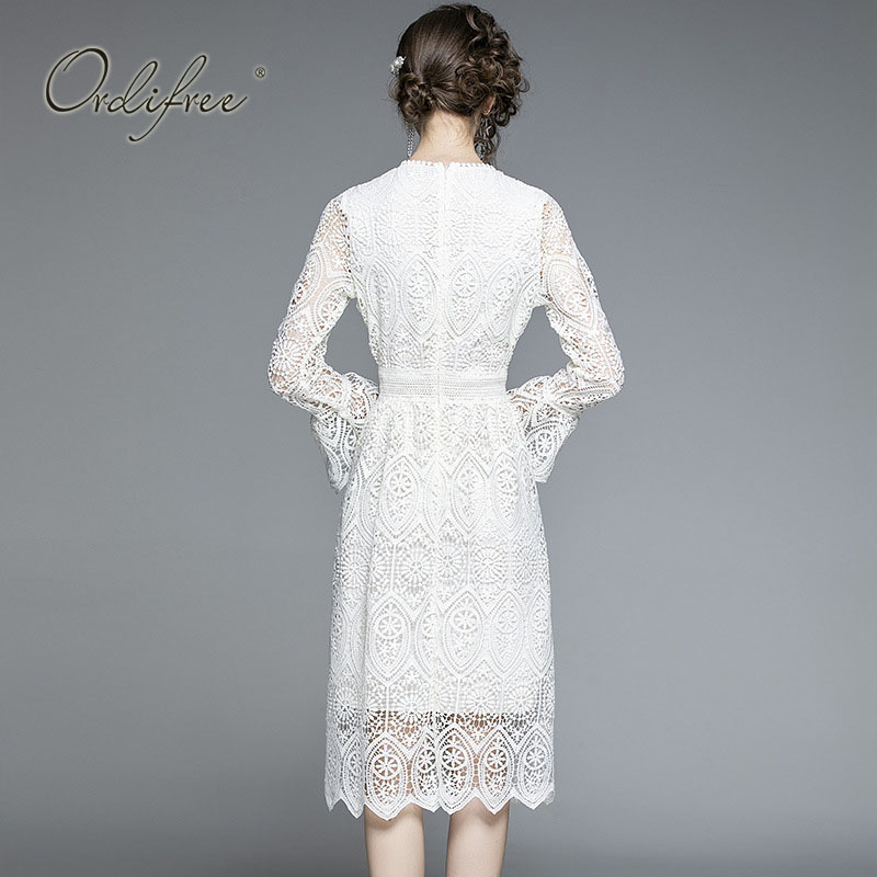 Summer Women White Lace Midi Embroidery Crochet Hollow Out See Through Long Sleeve Tunic Elegant Party Dress 210415 C260312