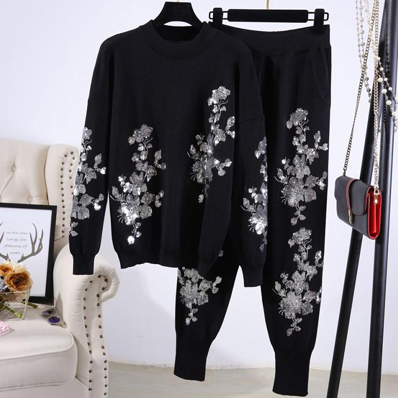 Spring 2 Piece Set Women Round Collar Long Sleeve Elastic Embroidery Leaves Sweater Casual Pant Suit Fashion Women's Tracksuits