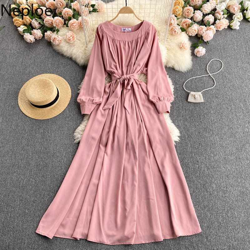 Neploe Women Dress Temperament O Neck Solid Lace-up Slim Waist Maxi Dresses Korean Long Sleeve Elegant Temperament Vestidos 210422
