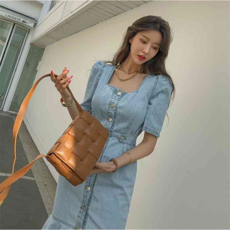Women Denim Dress Summer Casual Vintage Office Chic Single-Breasted Sexy Split Street Fashion Long 210520