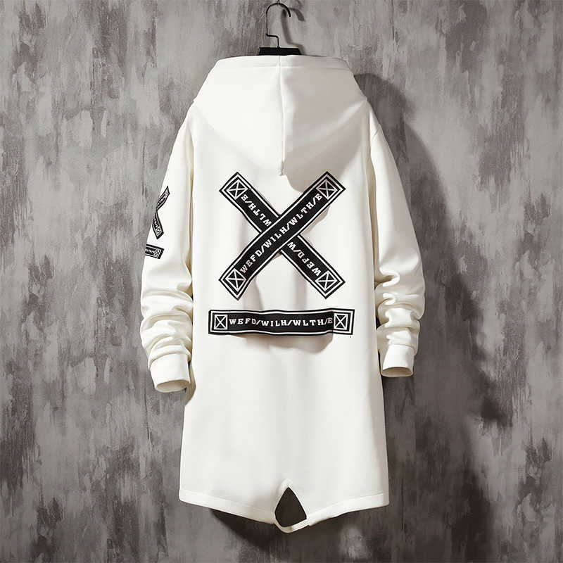 Hooded Trench Coat for Men Fashion Webbing Spring Autumn Harajuku Windbreaker Overcoat Male Casual Outwear Hip Hop Jacket 210819