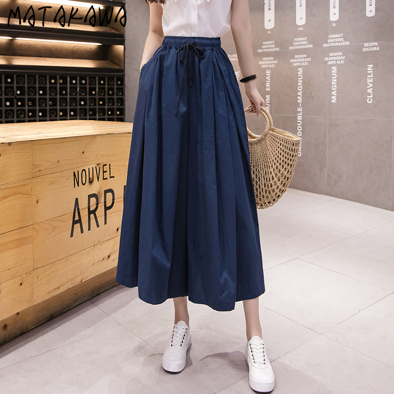 MATAKAWA Elastic Waist Loose Nine-point Wide-leg Pants Women's Culottes Summer Mid-length High-waist Lace-up Fashion Pantskirt 210513